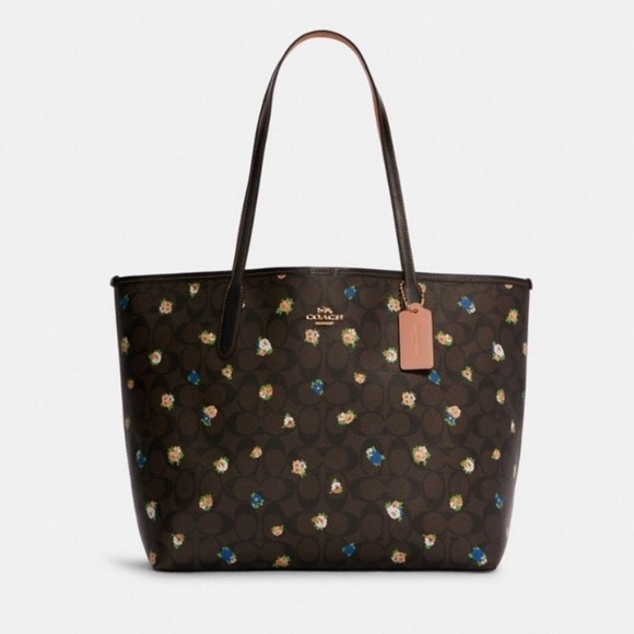 Coach Signature Vntg Rose Tote Brown Black Multicolor Sz 13Lx 11 1/2H x … - Picture 1 of 17